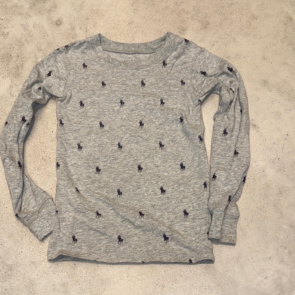 Ralph Lauren Boy’s Size 8 Gray Long Sleeve Shirt with Navy Horse Pattern NWOT